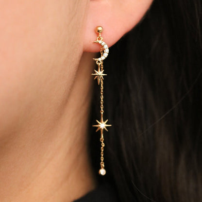 Cubic Moon Drop Chain Earrings